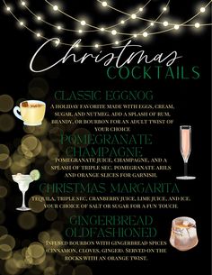 the christmas cocktails menu is shown in green and white, with lights behind it