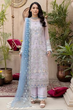 Kameez Trouser Pakistani Eid Dress in Premium Chiffon Pakistani Designer Clothes, Pakistani Clothes, Pakistani Suit, Organza Sleeves, Salwar Kamiz, Eid Dresses, Chiffon Collection, Embroidered Chiffon, Embroidered Organza