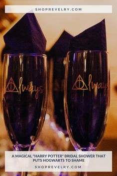 two glasses with the words harry potter bridal shower that are on top of each other