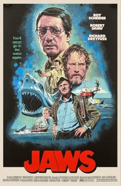 the movie poster for jaws starring two men in front of a shark and another man with glasses