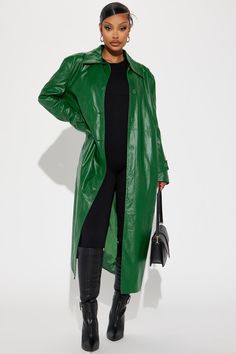 Gimme A Clue Faux Leather Trench Coat - Hunter Faux Leather Trench Coat, Leather Trench, Leather Trench Coat, Suede Jacket, Green Jacket, Fashion Killa, Clue, Classy Outfits, Black Fashion