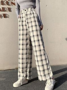 Outfits With Vans, Plaid Pants Women, Slacks Trousers, Great Wave Off Kanagawa, Pants White, Baggy Pants, Women Pants, Aesthetic Aesthetic, Vintage Plaid