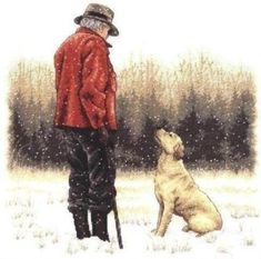 an old man standing in the snow with his dog looking up at him while it's snowing