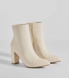 These basic faux leather booties were made for struttin'! They feature a pointed toe, an inner zipper closure, and a sleek block heel that elevates the style. Complete the look in a chic blazer.Fit & Features3.5" Block heelPointed toeInner zipper closureFaux leather materialRuns true to size Beige Pointed Toe Boots With Zipper Closure, Trendy Cream Heeled Boots With Stacked Heel, Trendy Cream Heeled Boots With Pointed Toe, Cream Faux Leather Heels For Fall, Cream Faux Leather Heeled Boots For Fall, Chic Blazer, Leather Booties, Leather Material, Windsor