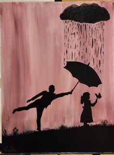 a painting of two people holding hands under an umbrella in the rain, with pink background