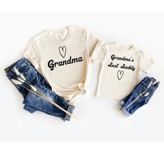 These matching family shirts are the perfect shirts for any Grandmother and Grandchild duo! You've now found the staple t-shirt of your wardrobe. It's made of 100% ring-spun cotton and is soft and comfy. The double stitching on the neckline and sleeves add more durability to what is sure to be a favorite! * 100% ring-spun cotton * Sport Grey is 90% ring-spun cotton, 10% polyester * Dark Heather is 65% polyester, 35% cotton * 4.5 oz/yd�² (153 g/m²) * Pre-shrunk * Shoulder-to-shoulder taping * Quar Grandma Shirt, Family Shirts Matching, Grandma Shirts, Personalized Grandma, Adulting Shirts, Family Matching, Matching Shirts, Grandchildren, Family Shirts