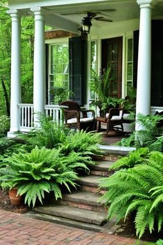 the front porch is filled with plants and chairs