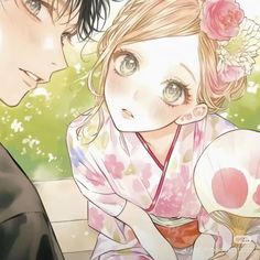 two anime characters one is holding a fan and the other is wearing a kimono