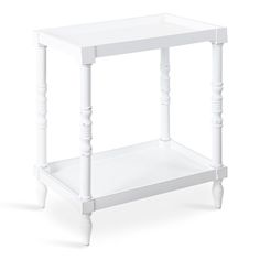 a small white table with two legs and a shelf on the bottom that has an open drawer