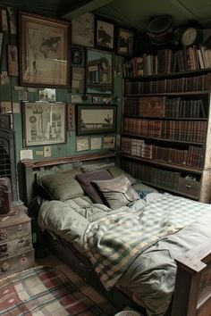 an old fashioned bedroom with lots of books on the shelves and a bed in it