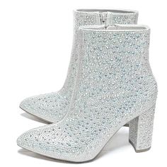 Sparkle And Shine In These Blingy Rhinestone Ankle Boots. Great For Parties, Concerts And Other Fun Special Occasions. New In Box Man Made Material Rhinestone Encrusted Uppers Pointed Toes Side Zipper For Easy Shoe Removal Lightly Padded Insole Comfy Chunky Heels Heel Height: 3.5 In. Shaft Height: 5.5 In. Fitting: True To Size. Regular Widt Rhinestone Ankle Boots, Silver Ankle Boots, Diamond Heels, Silver Boots, Preppy Shoes, Pretty Shoes Sneakers, Sparkly Shoes, Chunky Heel Ankle Boots, Sparkle Shoes