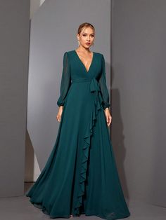 Mgiacy V-Neck Asymmetrical Crossed Long Sleeve Chiffon Maxi Dress With Ruffled Hem Dark Green   Long Sleeve Chiffon Plain A Line Non-Stretch  Weddings & Events, size features are:Bust: ,Length: ,Sleeve Length: