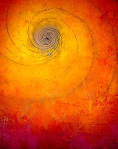 an orange and yellow painting with swirls on it's side, in the middle of