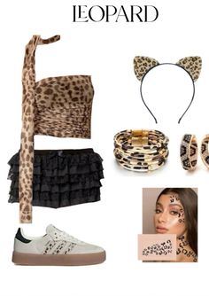 the leopard print outfit is featured with accessories and headbands, including an animal - print