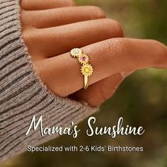 This personalized Sunflower Ring is a perfect gift for mom, grandma, family, friend, or just anyone who wants a reminder of their loved ones! It's fun to choose the colored stones to represent all of the ones you care about. May Birthstone Flower Ring As A Gift, Adjustable Flower-shaped Jewelry For Anniversary, Adjustable Flower Shaped Jewelry For Anniversary, Sunflower Design Jewelry For Mother's Day, Sunflower Design Jewelry For Anniversary, Sunflower Design Flower Jewelry For Anniversary, Flower Shaped Birthstone Jewelry For Anniversary, Yellow Gold Flower Ring With Birthstone For Gift, Flower Shaped May Birthstone Jewelry For Anniversary