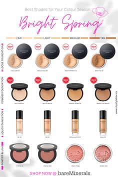 Best Make-Up Colours for the Bright Spring Colour Season Spring Colour Season, Medium Skin Tone Makeup, Warm Spring Makeup, True Spring Makeup, Spring Skin Tone, True Spring Palette, Season Analysis, True Spring Colors