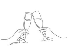 two hands toasting with wine glasses in continuous line art style on white background illustration