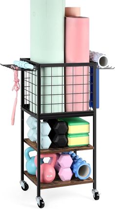 a rack with several different colored dumbs and exercise mats on it's wheels