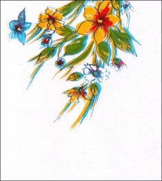 a painting of flowers and butterflies on a white background with blue, yellow and red colors