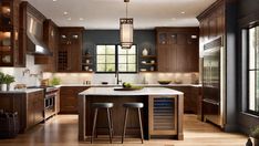 a kitchen filled with lots of wooden cabinets and counter top space next to a window