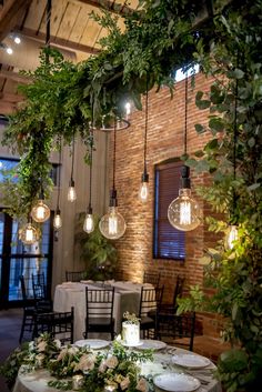 an image of a restaurant with plants hanging from the ceiling and lights on the walls