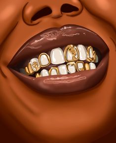 a woman's mouth with gold teeth and rings on top of her teeth, in front of an orange background