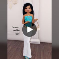 the doll is wearing white pants and a blue top, holding a purse in her hand