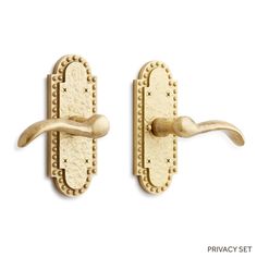 two brass door handles on white background