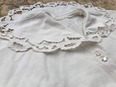 Romantic vintage blouse Excellent condition Figure hugging cut Lovely large sized collar with intricate cut work lace details, same on sleeves Faux pearl buttons Soft striped poplin cotton Size SMALL EUR 36 UK 10 White Peter Pan Collar Top With Lace Cuffs, White Tops With Lace Cuffs And Peter Pan Collar, White Top With Lace Cuffs And Peter Pan Collar, White Lace Cuff Top With Peter Pan Collar, White Broderie Anglaise Top For Wedding, Vintage Cotton Blouse For Wedding, White Doll Collar Top In Cottagecore Style, White Doll Collar Cottagecore Tops, White Collared Lace Blouse