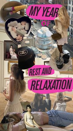 a collage of photos with the words rest and relaxation in pink overlays