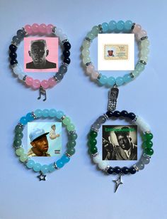 three pictures are hanging on the wall with beaded bracelets and beads around them