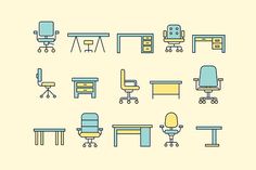 an image of office furniture in blue and yellow colors on a beige background illustration by person