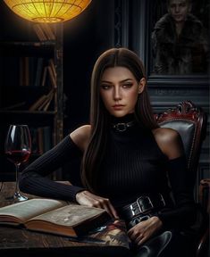 a woman sitting at a table with a book and glass of wine