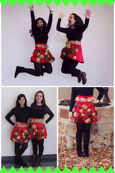 two women in red skirts and black tops are posing for the camera with their hands up