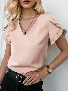 Ruffle Hem Blouse, Ruffle Shorts, Loose Tops, Casual Blouse, Eminem, Short Sleeve Blouse, Stylish Dresses, Apricot, Jumpsuit Dress