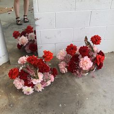 red and pink flowers sitting in front of a white brick wall next to a mirror