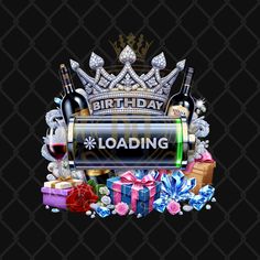 the birthday loading button is surrounded by gift boxes and wine bottles on a black background