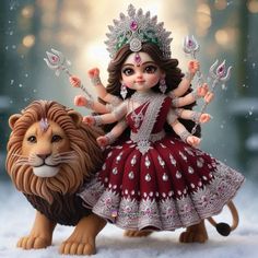 there is a figurine of a girl and a lion on the snow covered ground