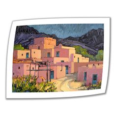 a painting of an adobe town in the mountains