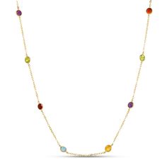 Designer Style Multi-color Gemstone Bezel Station Necklace 14K White/Yellow/Rose Gold Brand new solid 14k gold station necklace featuring twelve bezel stations with brilliant round cut created gemstones totaling 3.00ct T.W. This exquisite necklace is crafted from SOLID 14KT Yellow gold. Every necklace is shipped in gift box. Our created diamonds and gemstones are simulants and feature brighter D color , FL / VVS1 clarity and ideal cut making them visually indistinguishable from natural diamonds Multicolor Round Birthstone Necklaces, Yellow Citrine, Wedding Jewellery Necklace, Station Necklace, Green Peridot, Gold Branding, Aquamarine Blue, Designer Style, Red Garnet