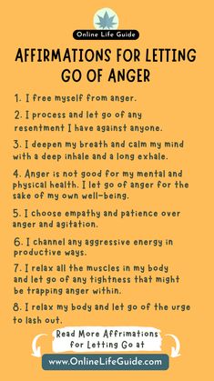 the affirmations for letting go of anger is shown on an orange background