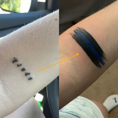 two different tattoos that show the same color as each other, one with blue and black ink on it