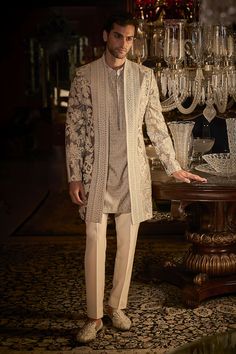 Shop for these amazing collections of Grey Jacket: Silk Embroidery Dori Floral And Kurta Set For Men by Seema Gujral online at Aza Fashions. White Straight Pants, Western Outfits For Men, Indo Western Outfits For Men, Indian Wedding Suits Men, Wedding Clothes For Men, Dori Embroidery