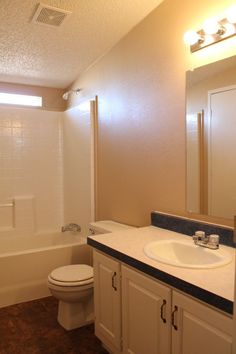 a bathroom with a sink, toilet and bathtub