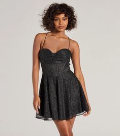 Special Occasion   Enchant with gorgeous glamour in the Leah glitter mesh skater dress featuring a sleeveless sweetheart neckline with a built-in padded bust, a draped pleated overlay, a corset bodice with flexible boning for structure, and a lace-up back design for a customized fit. The high waist seam flows out to a short skater fit-and-flare silhouette.   Fit & Features    Sheer glitter mesh fabric with satin woven lining, no stretch  Sweetheart neckline with padded bust, draped pleated overlay  Corset bodice with flexible boning  Spaghetti straps, cross-back lace-up design  High waist seam, lower back zipper with hook-eye closure  Short skater silhouette  Runs true to size Orange Homecoming Dresses, Purple Homecoming Dress, Backless Dress Short, Green Homecoming Dresses, Skater Fit, Velvet Prom Dress, Lace Dress Styles, White Homecoming Dresses, Homecoming Outfits