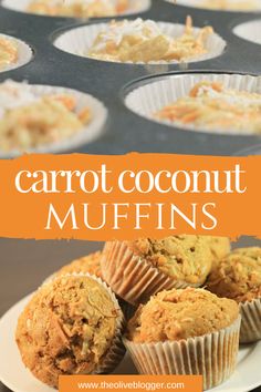 carrot coconut muffins on a plate with text overlay