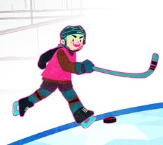 a drawing of a person skating on an ice rink with a hockey stick in their hand