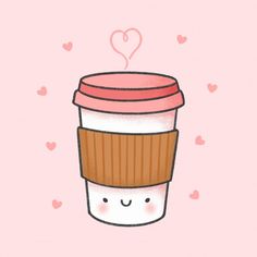 a coffee cup with a smiling face and hearts on the wall behind it, as if for valentine's day