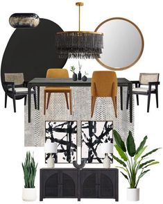 a dining room design board with chairs, table and mirror on it's wall