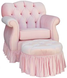 a pink chair and ottoman with ruffles on the skirted bottom, sitting next to each other